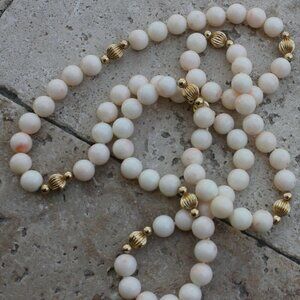 34" Long Antique White Coral 14K Gold 10mm Beaded Continuous Strand Necklace